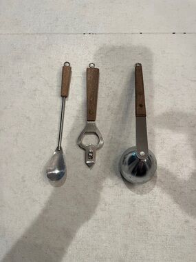 Vintage MCM Wood Handle Barware Set. 3 piece set